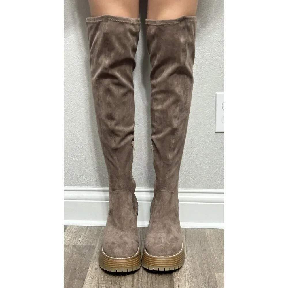 NEW Altar’d State Faux Suede Over The Knee Boots Taupe Chunky Lug Sole Size 8.5M